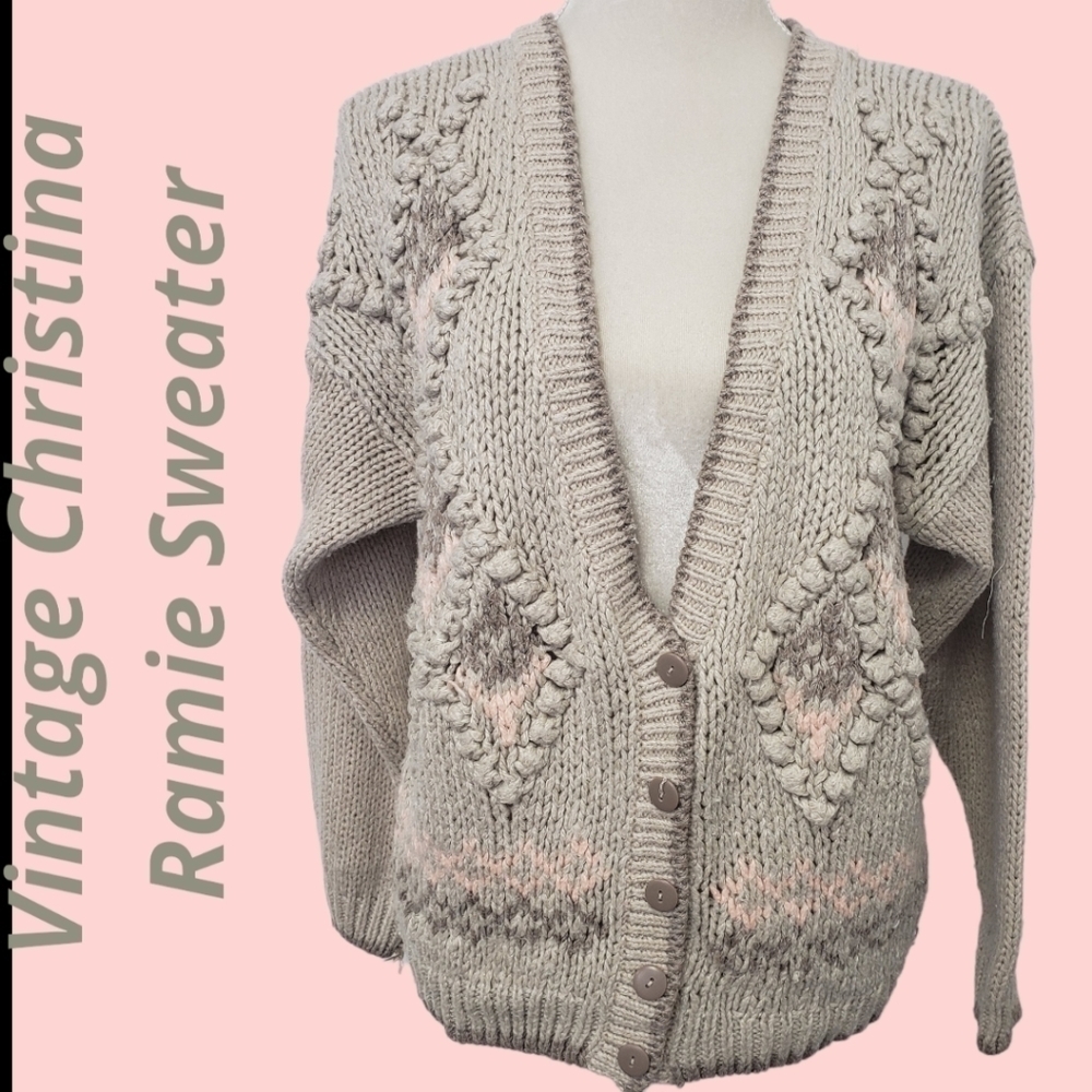 VINTAGE Christina Ramie Knit Sweater Cardigan V Neck Tan Peach L VGUC